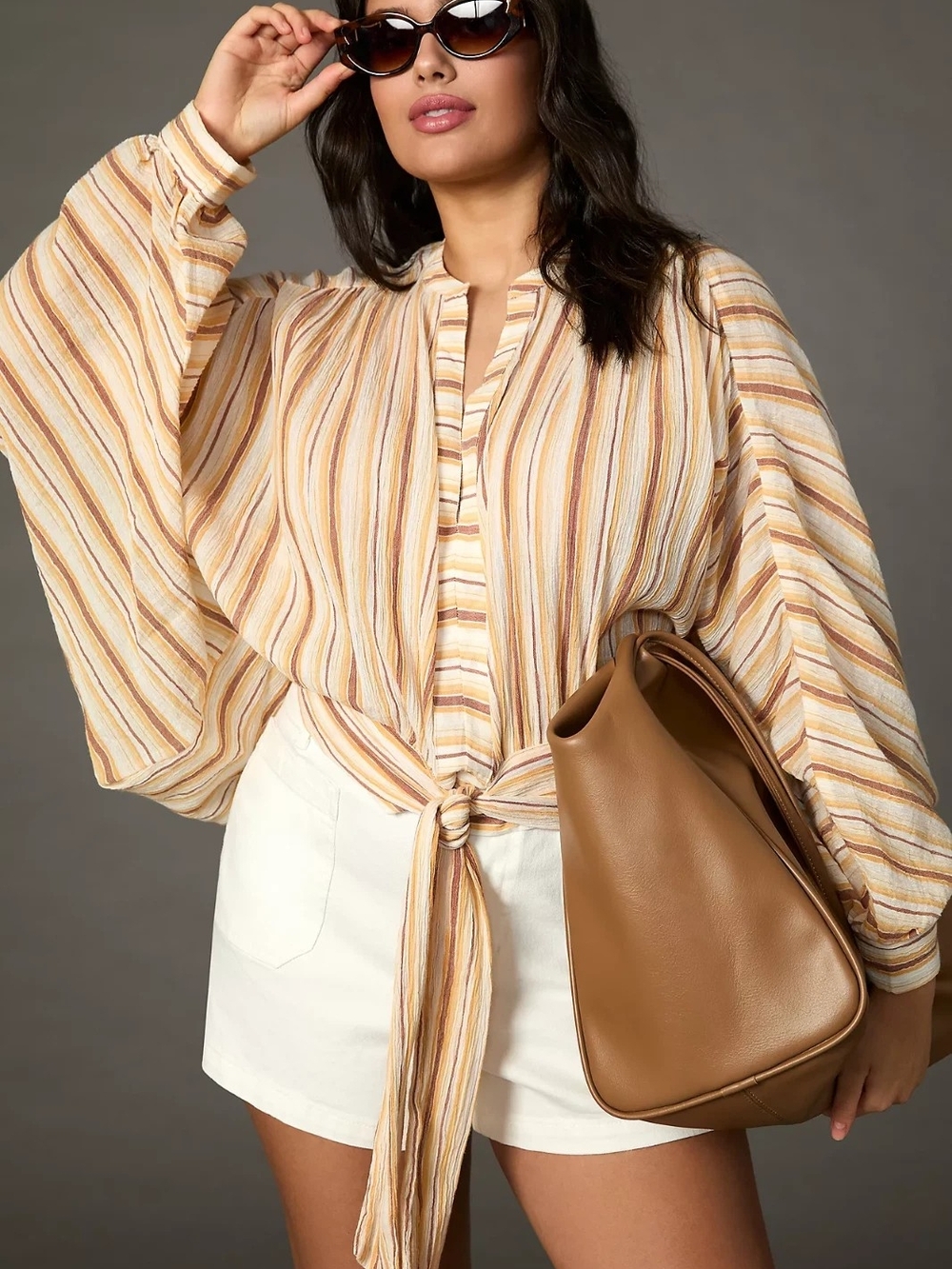 Anthropologie Striped Tie-Front Blouse in Cream, Tan and Yellow